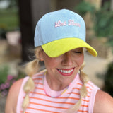 Embroidered Baseball Cap - "Let Them" - Blue + Yellow Suede