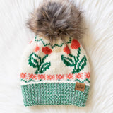 Ivory Cherry Pattern Pom Hat