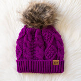 Purple Cable Knit Pom Hat