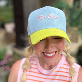 Embroidered Baseball Cap - "Let Them" - Blue + Yellow Suede