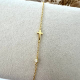 Tiny Cross Gemstone Bracelet - 14K Gold Plated