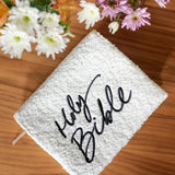 Bible Sleeve: White Sherpa "Holy Bible" Black Embroidered