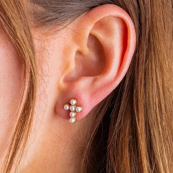 Pearl Cross Stud Earrings