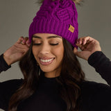 Purple Cable Knit Pom Hat