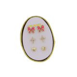 Kids Set of 3 Stud, Pink Bow, Pearl Cross, Heart Earring