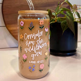 Wildflowers Christian Glass Cup with Lid & Straw