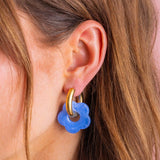 Huggie Earrings - Gold Hoops + Blue Acrylic Flowers